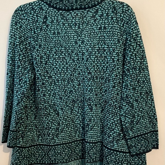 Ruby Rd. petite Sweater PL Cardigan Teal Navy Patterned Open Front Fringe Hem - Picture 2 of 7